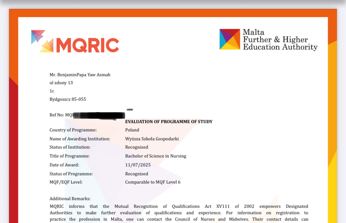Example of an official MQRIC statement document
