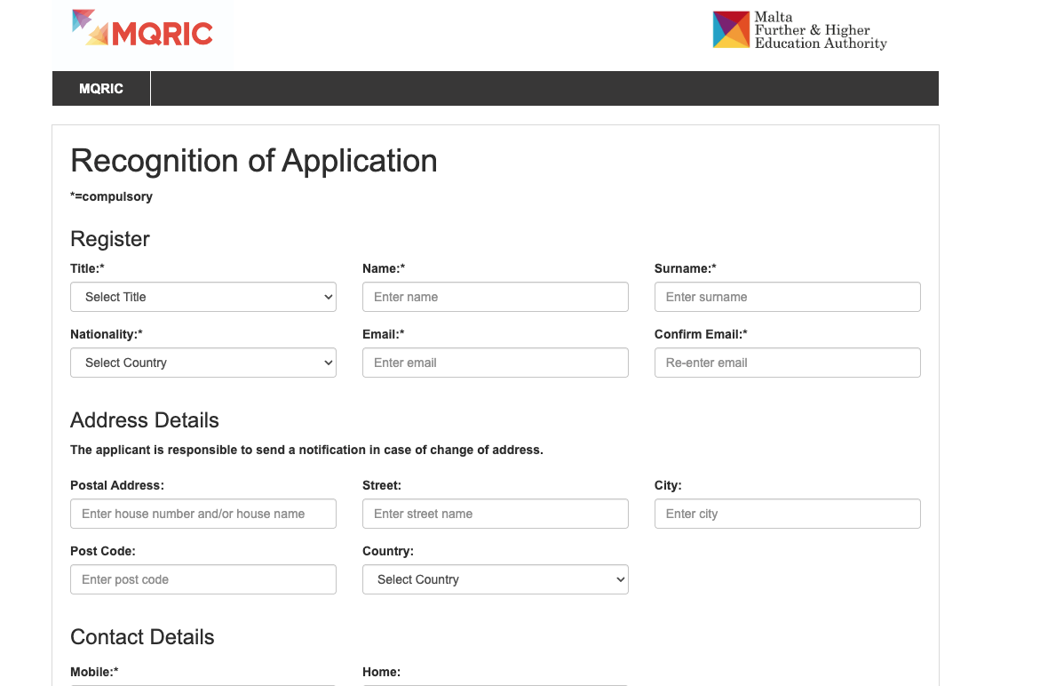 Screenshot of the registration form on the MQRIC portal